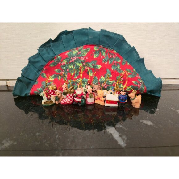 Mini Vintage Christmas Ornaments & Tree Skirt Set 1980s Holiday Miniatures  Sant - Picture 12 of 12